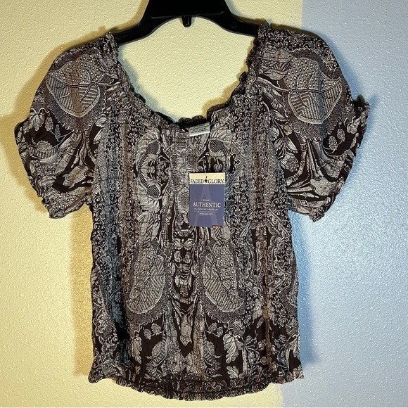 Vintage Faded Glory Y2K Top Size L Forest Fairy Grunge Babydoll Scrunched Brown - Picture 10 of 13